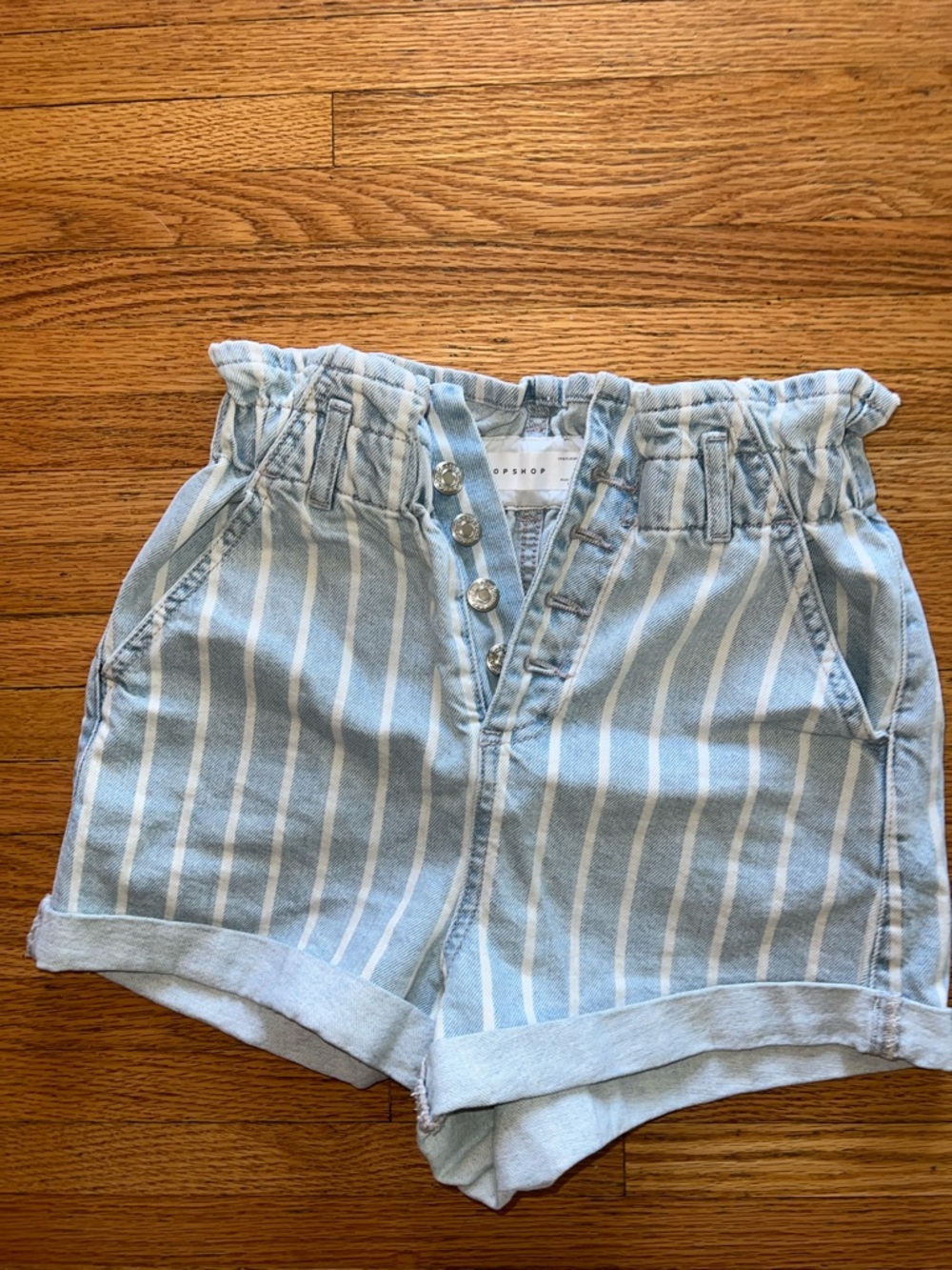 Topshop Blue and White Striped Paperbag Denim Shorts